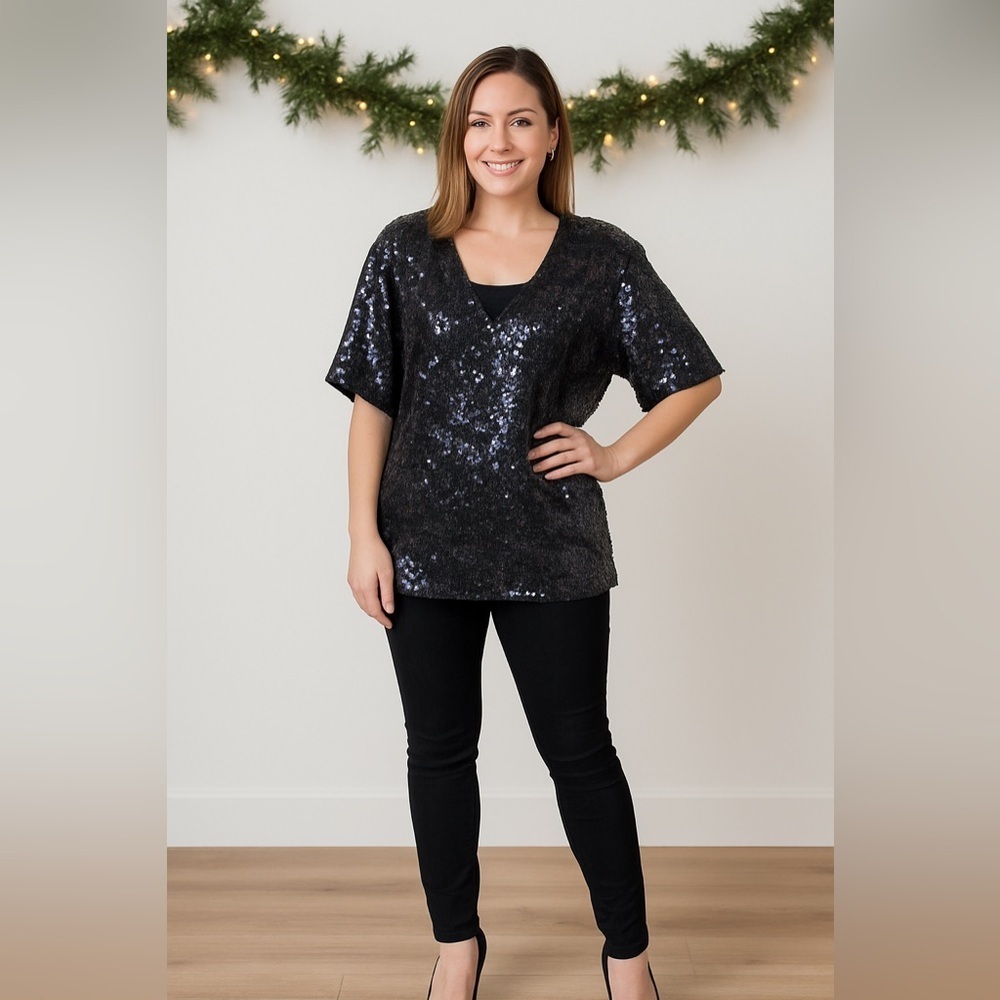 Elegant Black Sequin Women's Blouse - Picture 8 of 12